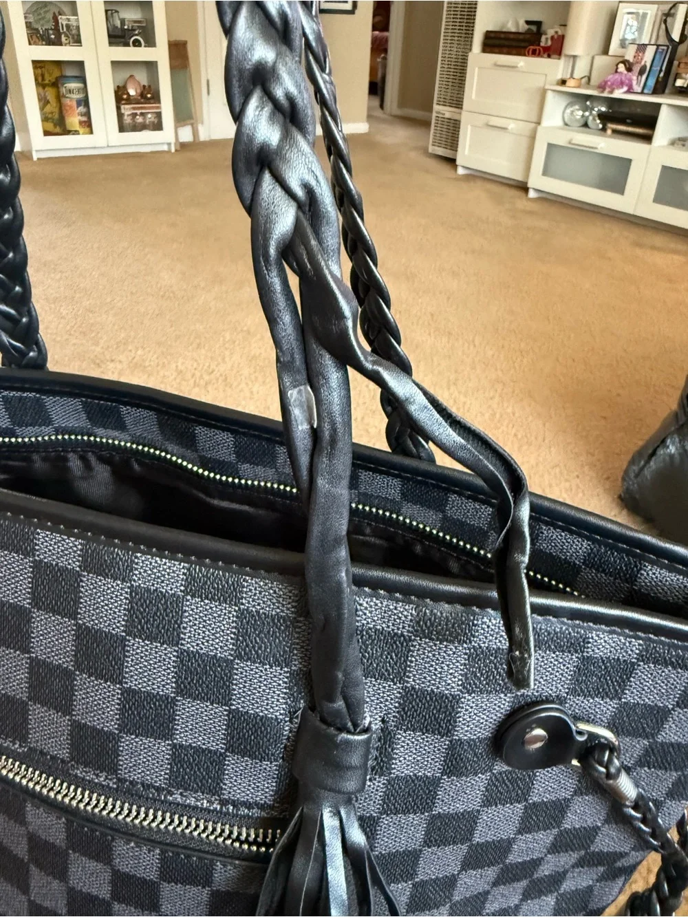 Source Unknown Black Checkered Fringe Tote